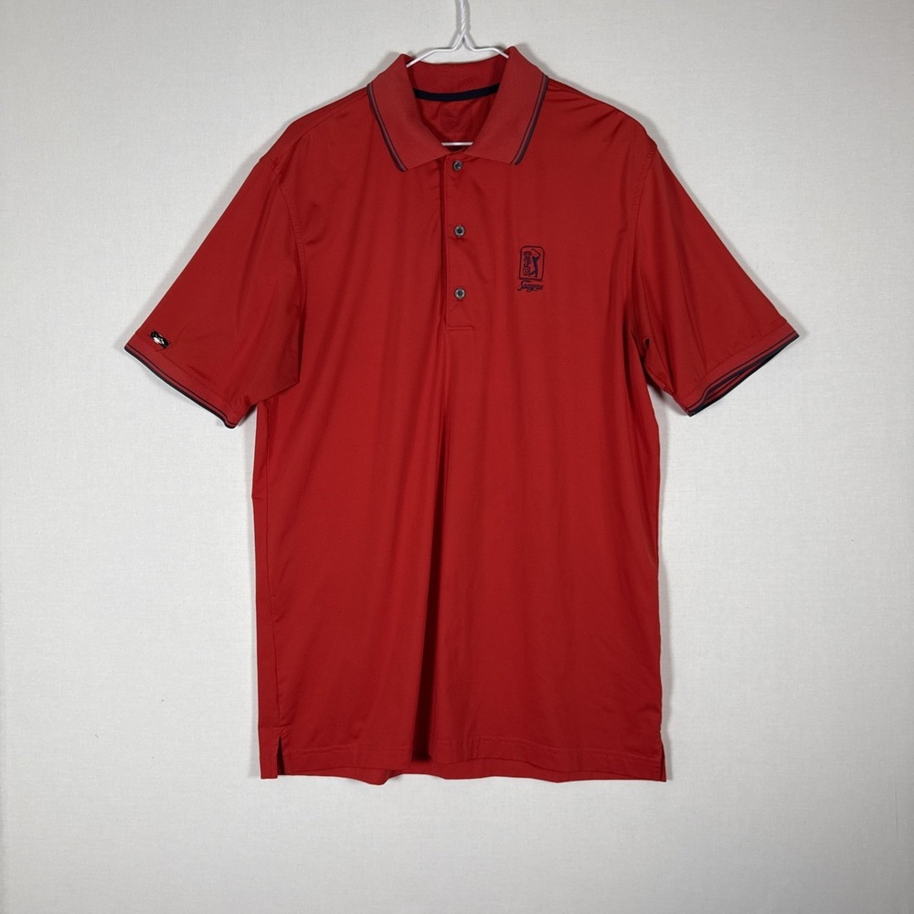 Greg Norman TPC Sawgrass Golf Polo Mens Large Red Short Sleeve Shark Logo
